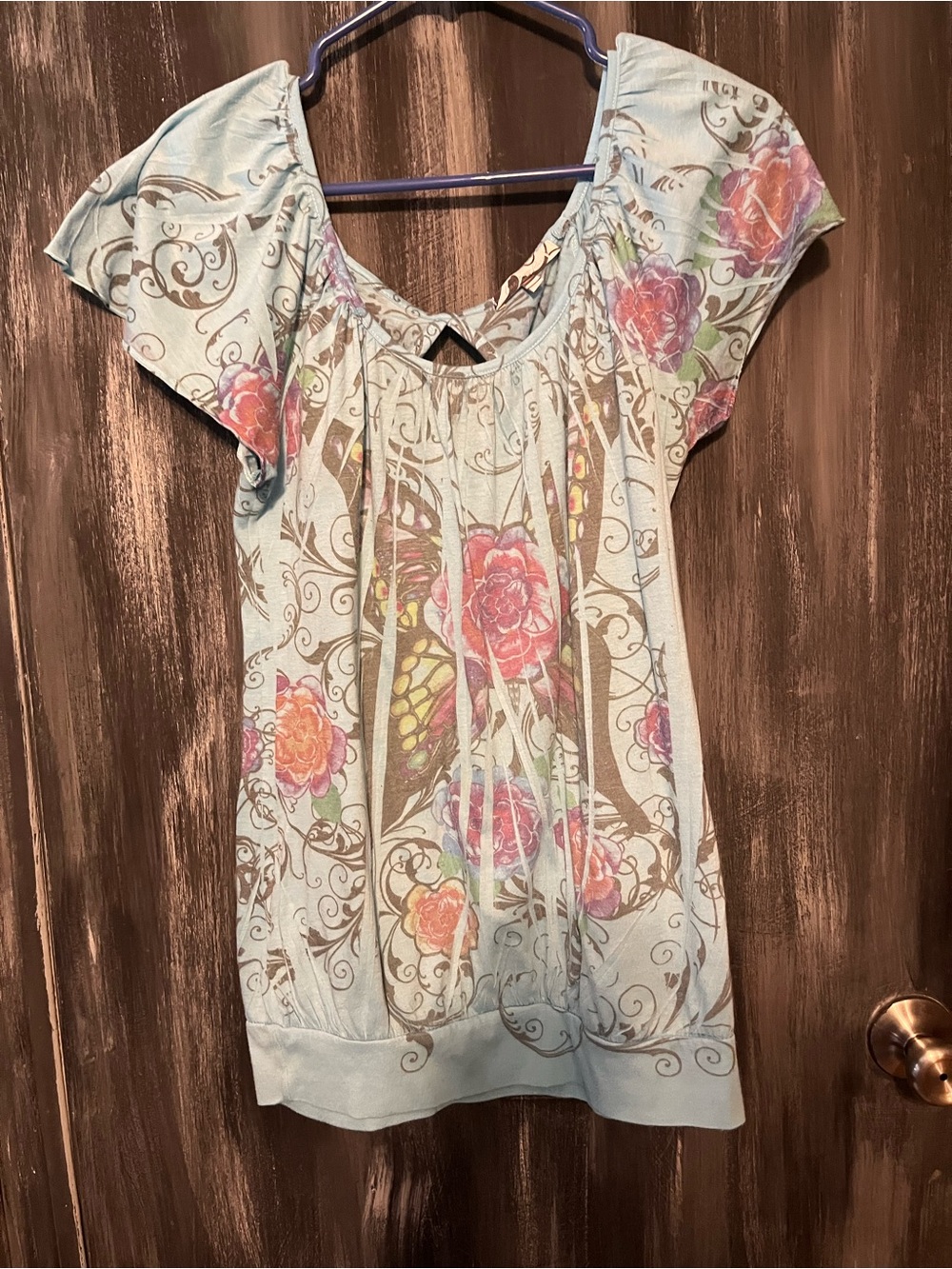 Charlotte Russe Light Blue Floral & Butterfly Scoop Neck Top